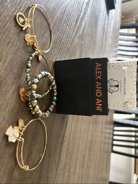 Alex and Ani Teal and Gold Mixed Bracelet Stack